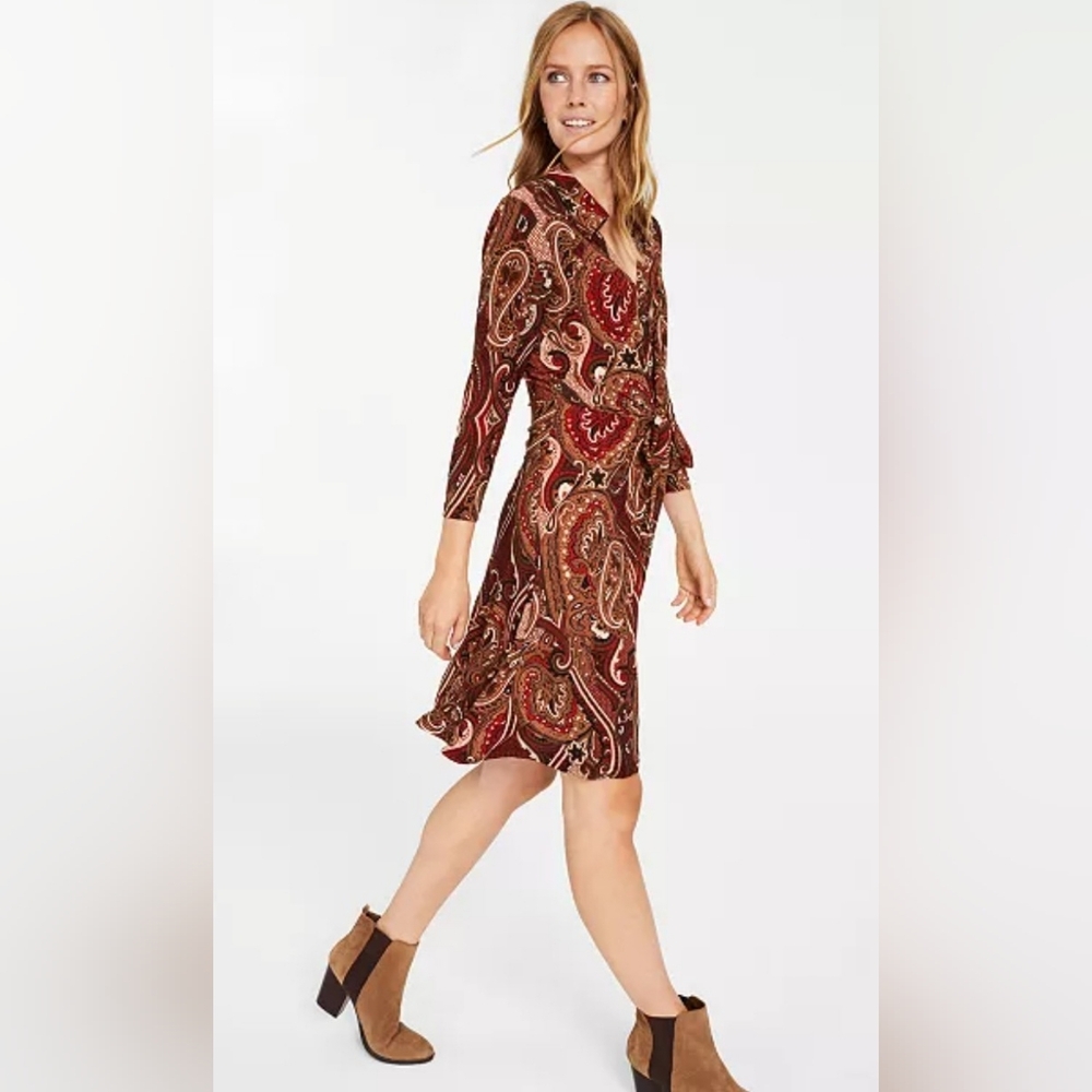 Tommy Hilfiger Petite Paisley-Print Jersey Long sleeve Shirtdress Size 6 - Picture 3 of 12
